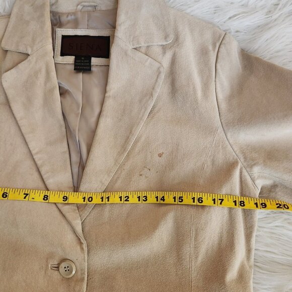 Siena Womens Blazer Size 10 Beige Collared 100% Leather Collared 2 Button Jacket - Picture 14 of 16